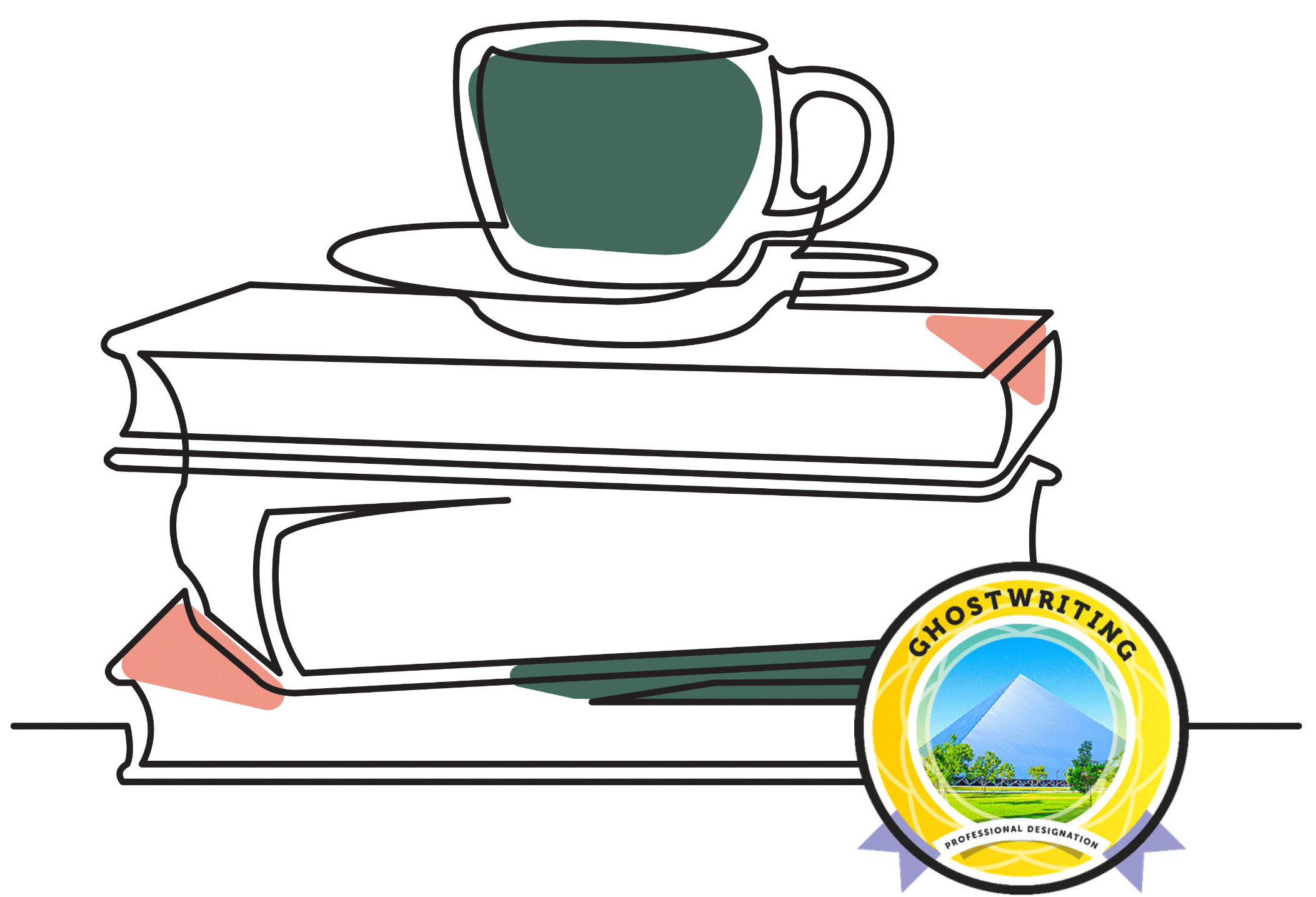 an illustration of a stack of books with a ghostwriting certificate badge